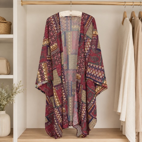 Unbranded Accessories - Womens 2XL Burgundy Patchwork Floral Paisley Sheer Kimono Wrap Cardigan Boho